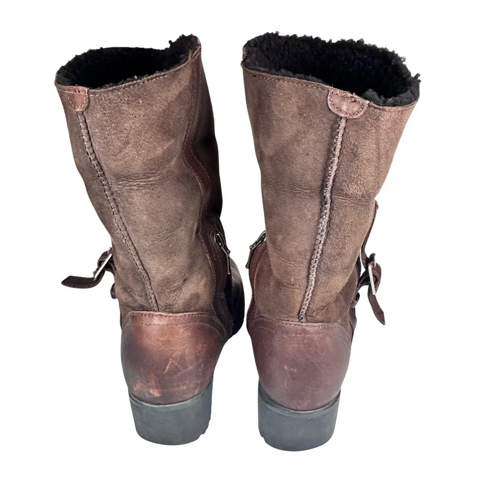 UGG Bellevue Sheepskin Foldover Boots Brown Leather Suede Shearling Buckle Sz‎ 8